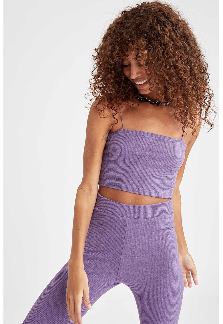 Top crop slim fit cu aspect striat