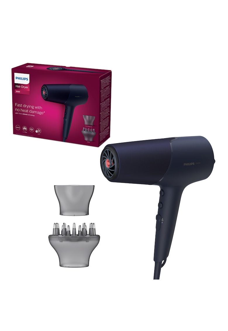 Uscator de par BHD510/00 - 2300W - tehnologie ThermoShield - ingrijire cu ioni - 2 setari de viteza - 3 setari de temperatura - difuzor - cap de coafare 11 mm - Albastru inchis metalizat