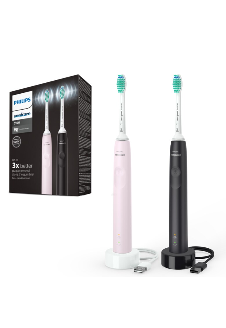 Set de 2 periute de dinti electrice sonice Seria 3100 HX3675/15 - 31000 miscari/minut - 1 mod de curatare - senzor presiune - functia BrushSync - 2 capete de periere - Roz pastel/Negru