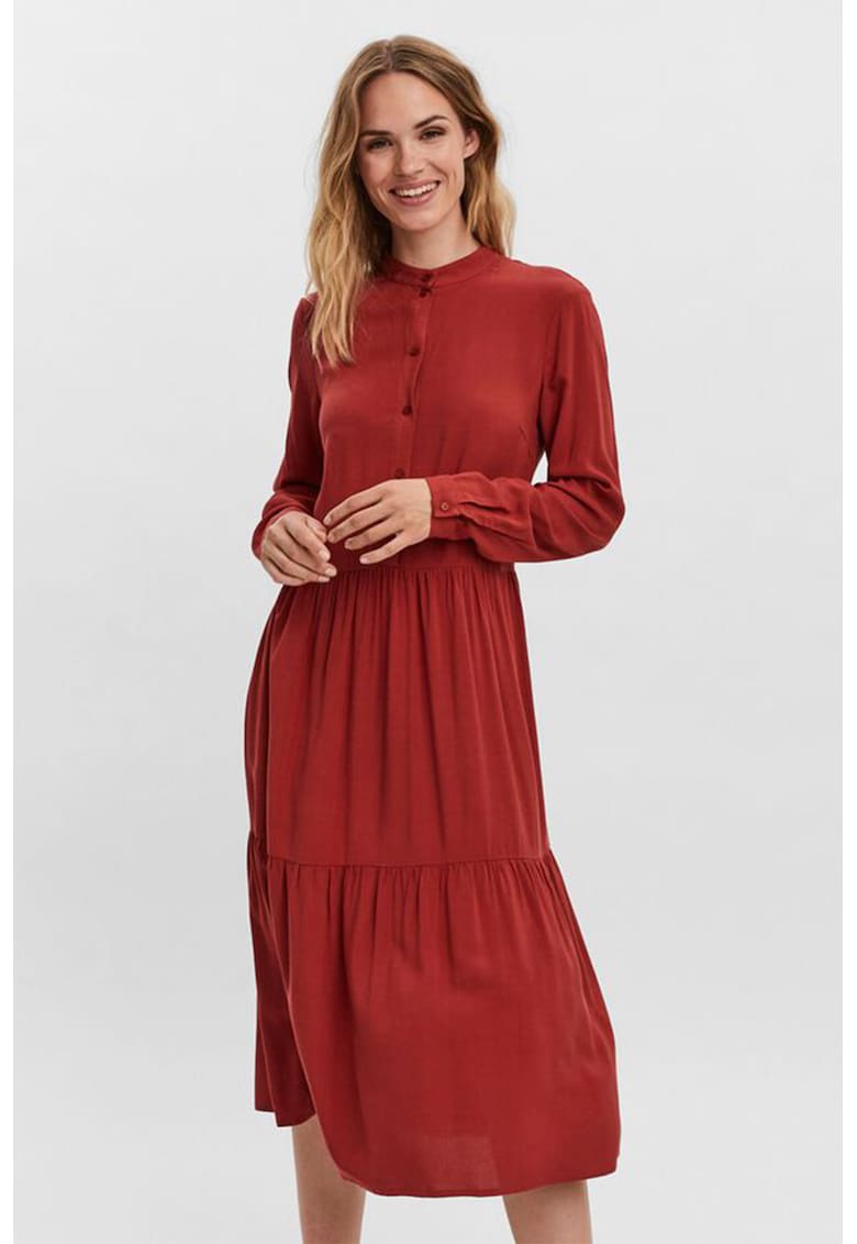Rochie evazata cu guler Mao - Caramiziu