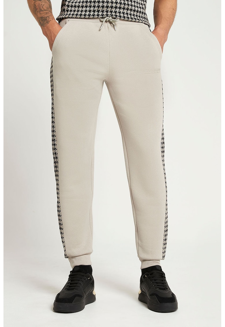 Pantaloni slim fit cu benzi laterale cu imprimeu houndstooth Barbati