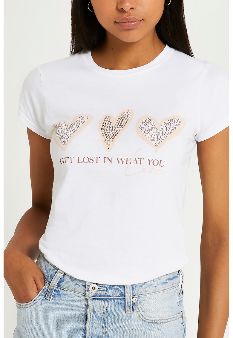 Tricou dama RIVER ISLAND cu decolteu la baza gatului cu imprimeu cu text si inimi Tricou dama RIVER ISLAND cu decolteu la baza gatului cu imprimeu cu text si inimi