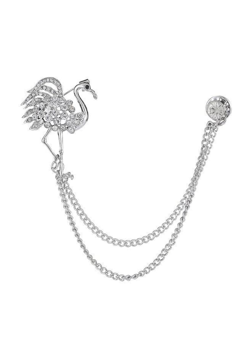 Brosa argintie - dubla - cu lanturi si pasare Flamingo - cu pietre - Nona C2 -
