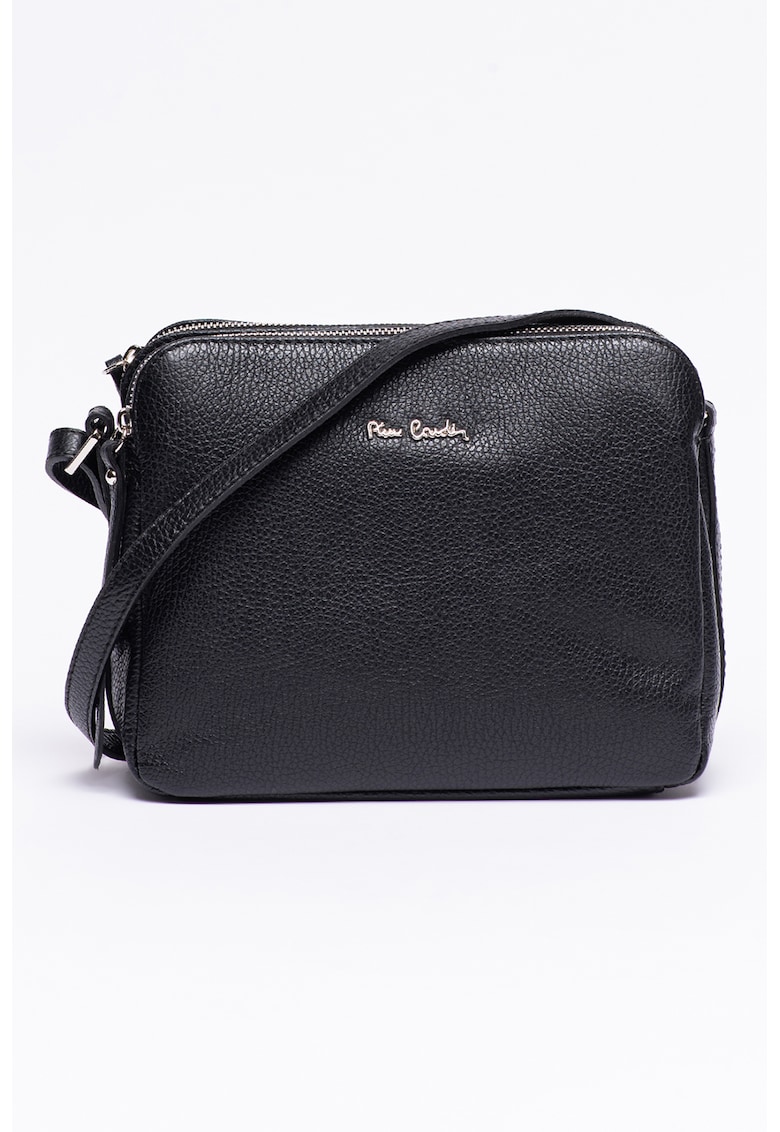Geanta crossbody de piele cu doua compartimente - Negru