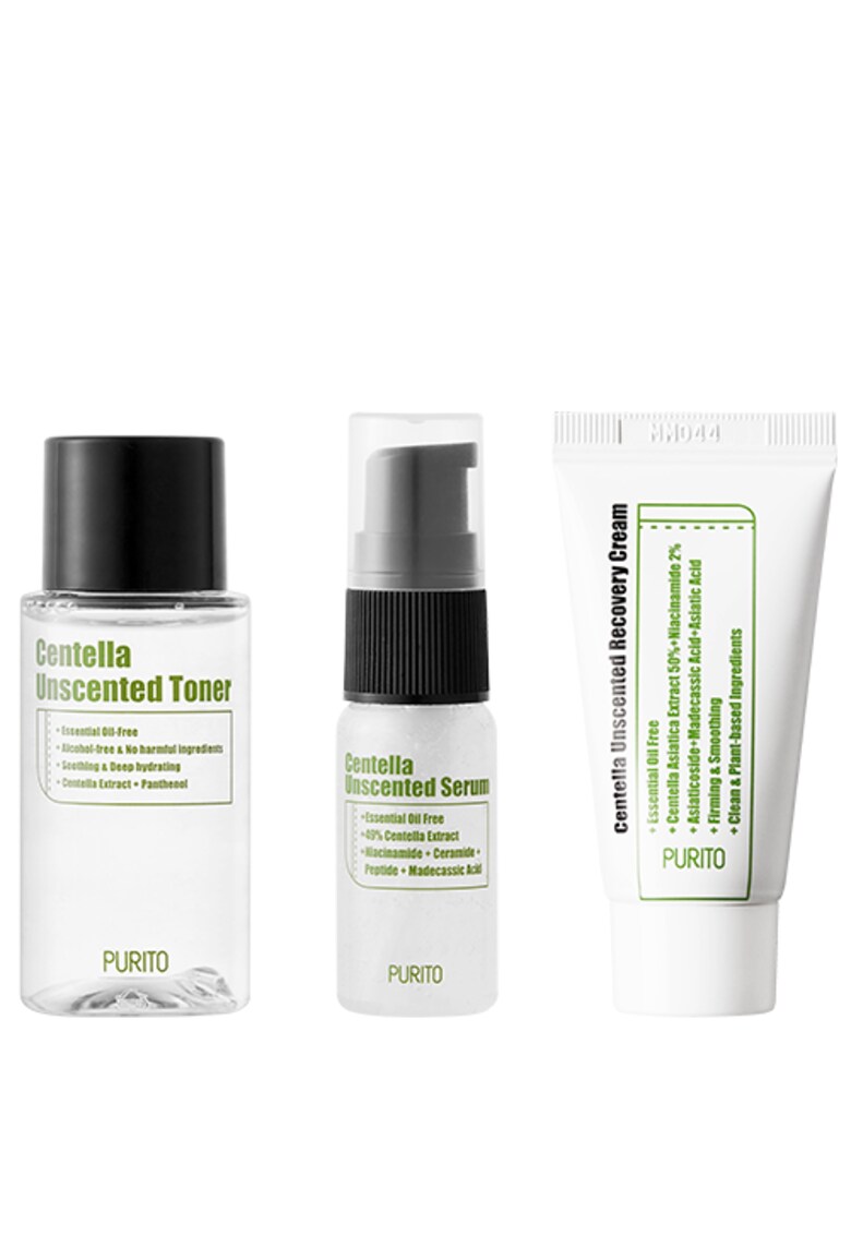 Kit de mini produse cu Centella - fara parfum: Toner - 30 ml + Ser - 15 ml + Crema de fata - 12 ml