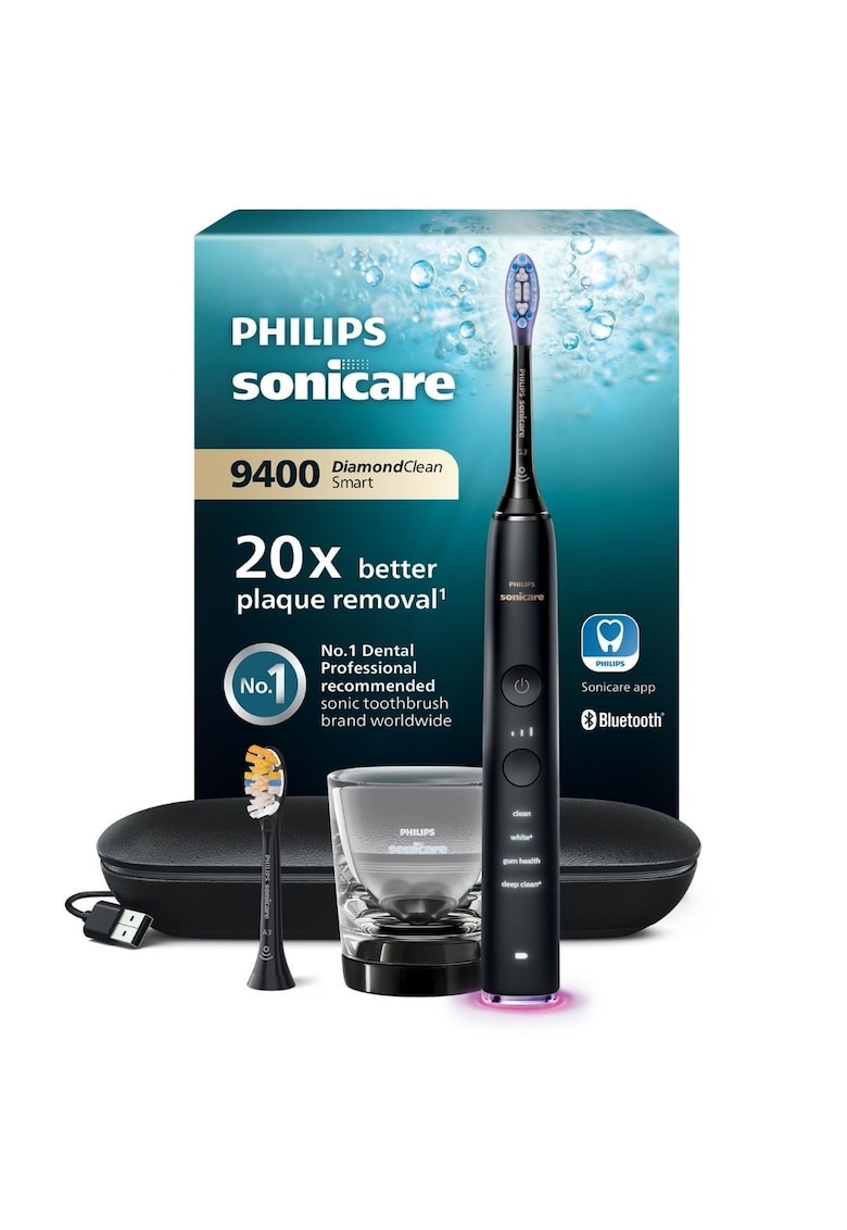 Periuta de dinti sonica electrica DiamondClean 9000 HX9917/89 - 62000 miscari/minut - 4 moduri de curatare - 3 nivele intensitate - senzor presiune - functia BrushSync - 2 baze de incarcare - 2 capete de periere - Negru
