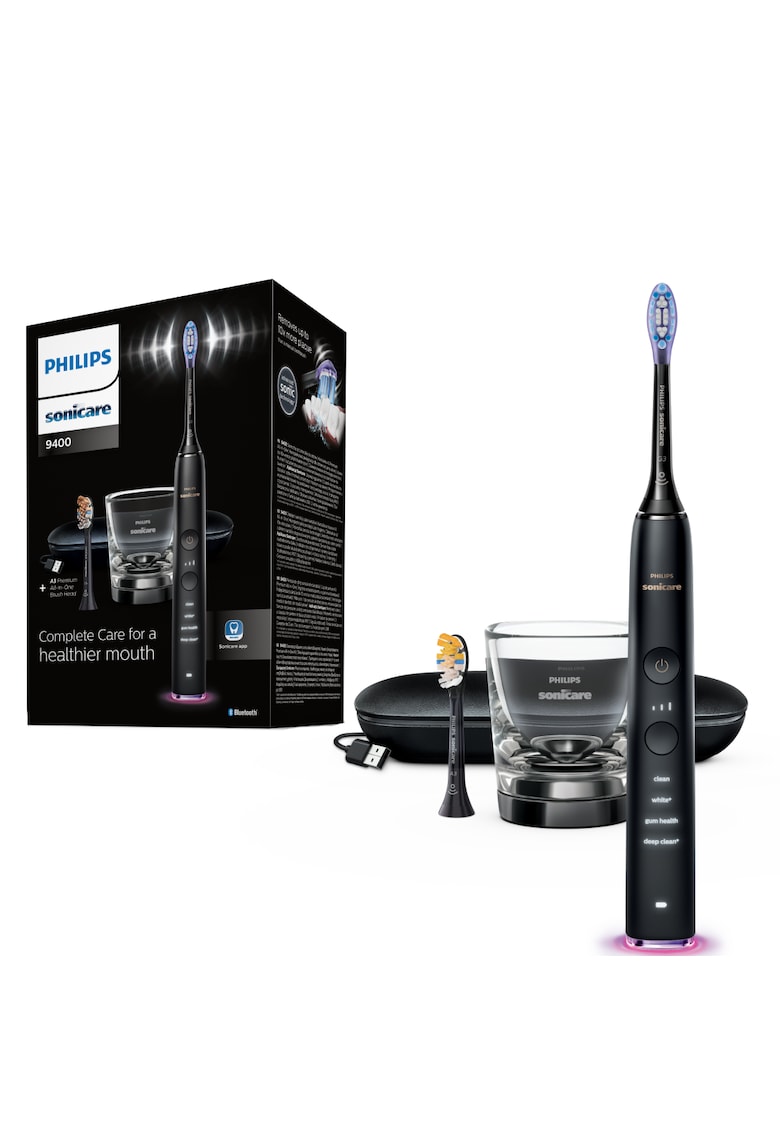 Periuta de dinti sonica electrica DiamondClean 9000 HX9917/89 - 62000 miscari/minut - 4 moduri de curatare - 3 nivele intensitate - senzor presiune - functia BrushSync - 2 baze de incarcare - 2 capete de periere