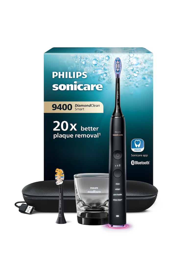 Periuta de dinti sonica electrica DiamondClean 9000 HX9917/89 - 62000 miscari/minut - 4 moduri de curatare - 3 nivele intensitate - senzor presiune - functia BrushSync - 2 baze de incarcare - 2 capete de periere - Negru