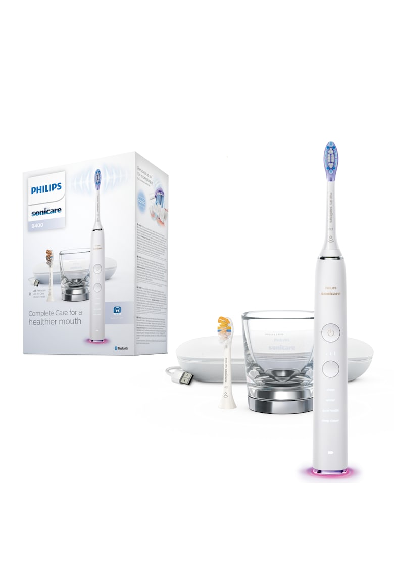 Periuta de dinti sonica electrica DiamondClean 9000 HX9917/89 - 62000 miscari/minut - 4 moduri de curatare - 3 nivele intensitate - senzor presiune - functia BrushSync - 2 baze de incarcare - 2 capete de periere