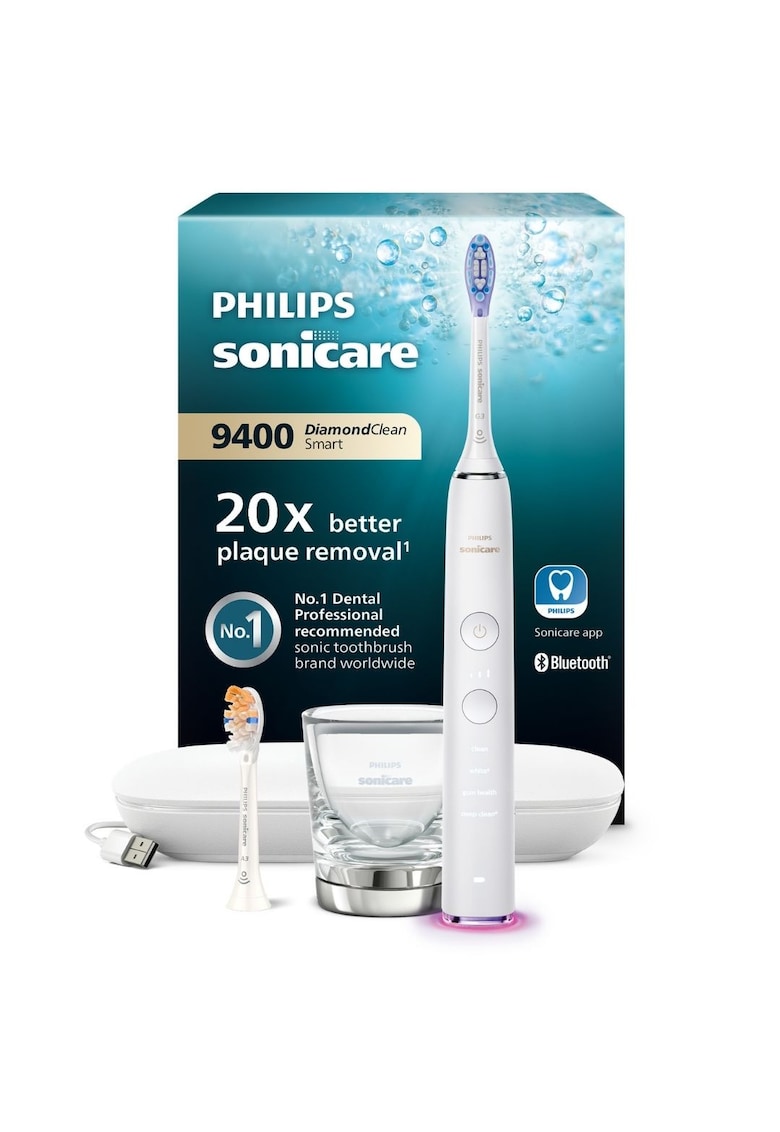 Periuta de dinti sonica electrica DiamondClean 9000 HX9917/89 - 62000 miscari/minut - 4 moduri de curatare - 3 nivele intensitate - senzor presiune - functia BrushSync - 2 baze de incarcare - 2 capete de periere - Alb
