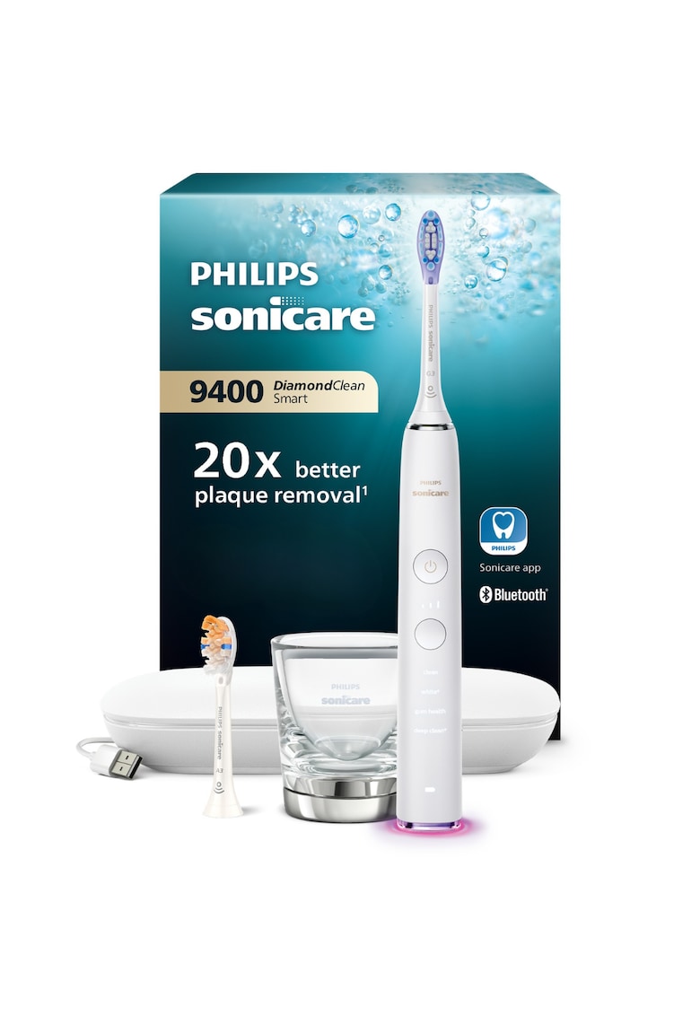 Periuta de dinti sonica electrica DiamondClean 9000 HX9917/89 - 62000 miscari/minut - 4 moduri de curatare - 3 nivele intensitate - senzor presiune - functia BrushSync - 2 baze de incarcare - 2 capete de periere - Alb