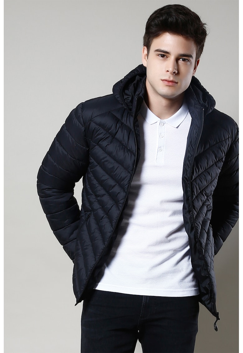 Geaca slim fit cu gluga si aspect matlasat