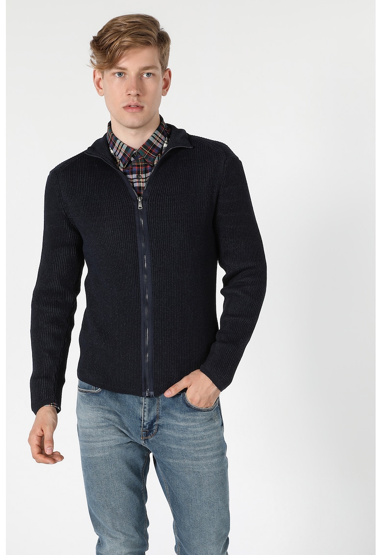 Cardigan slim fit cu fermoar si aspect striat