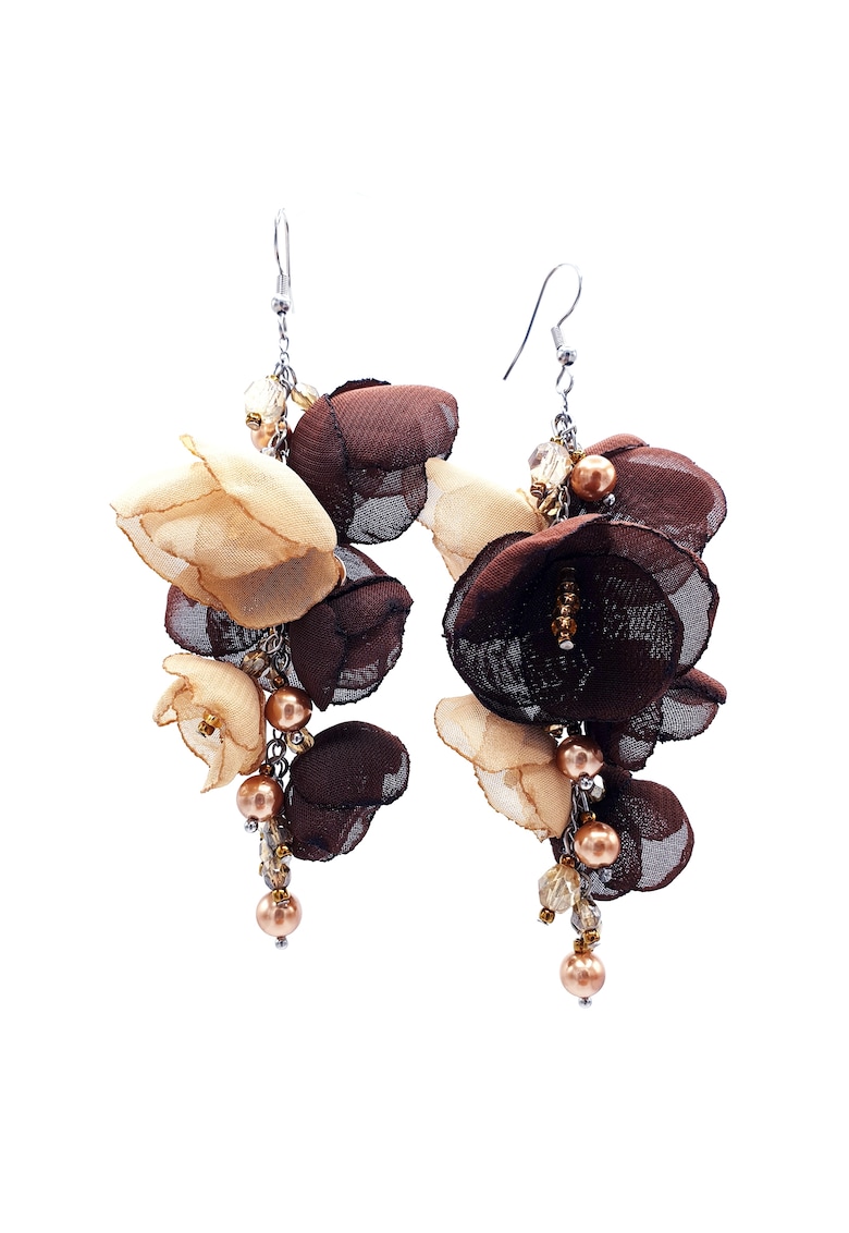 Cercei lungi statement - Zia Fashion - flori din voal - perle Mallorca si inox - handmade