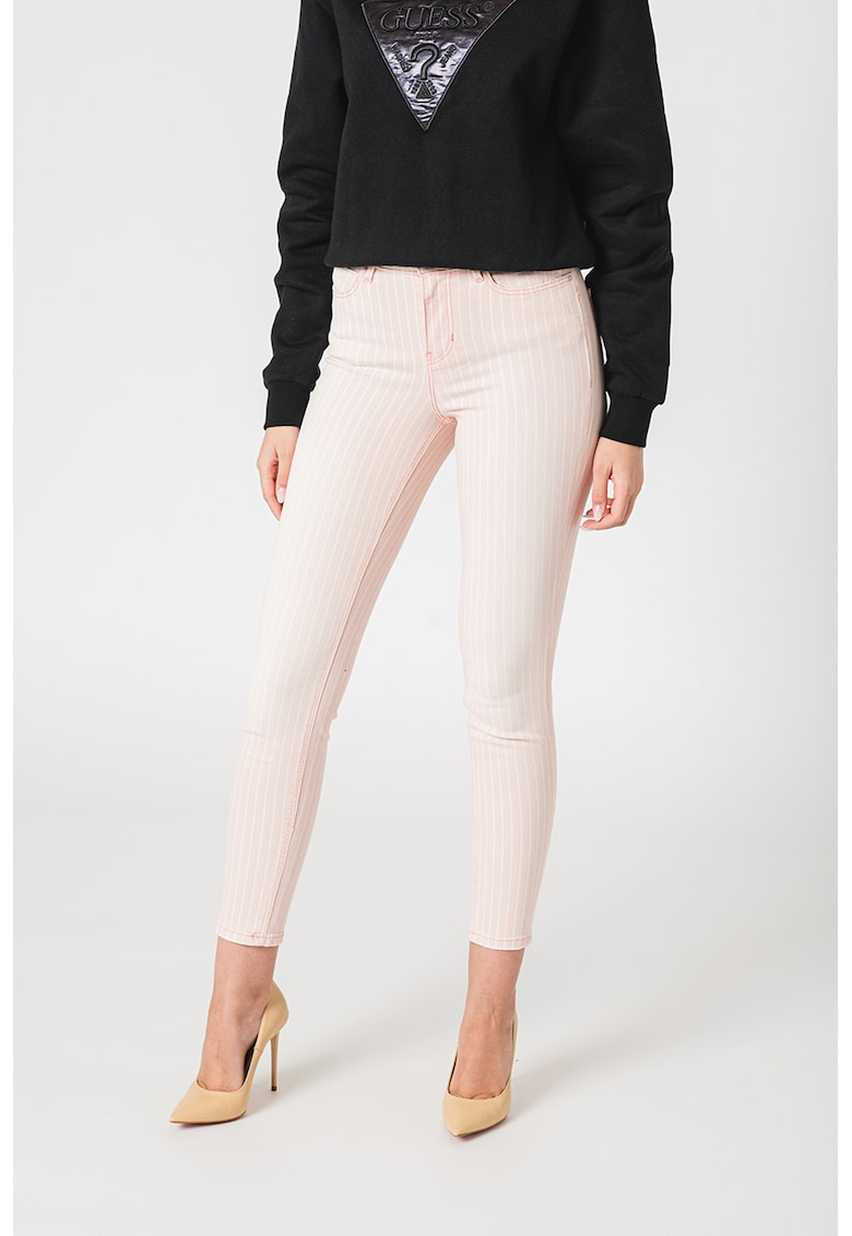 Blugi skinny cu model in dungi - Alb/Roz deschis