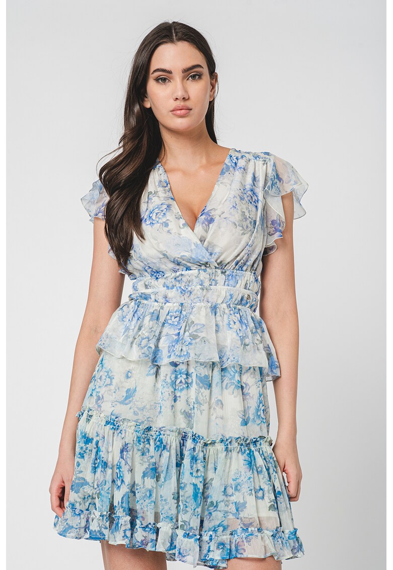 Bluza cu imprimeu floral si aspect petrecut - Albastru pastel/Albastru royal