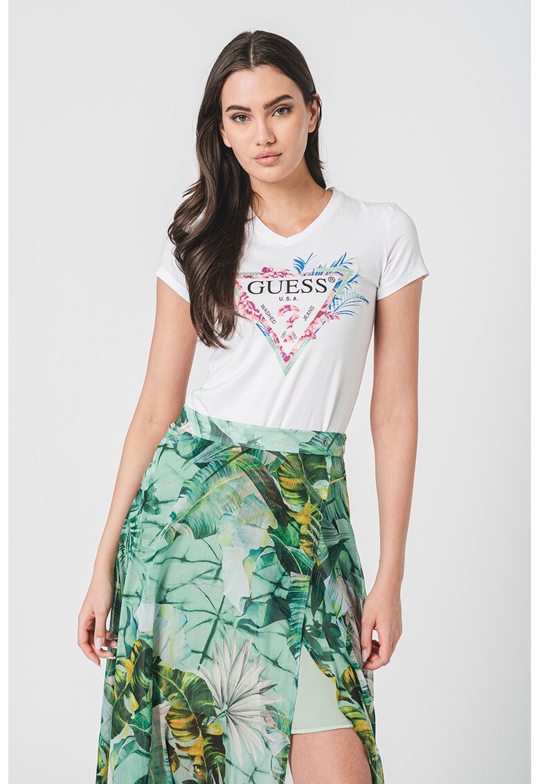 Тениска с щампа и декоративни камъни GUESS JEANS