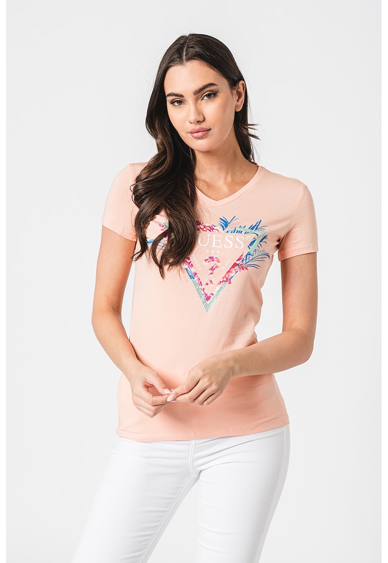 Тениска с щампа и декоративни камъни GUESS JEANS