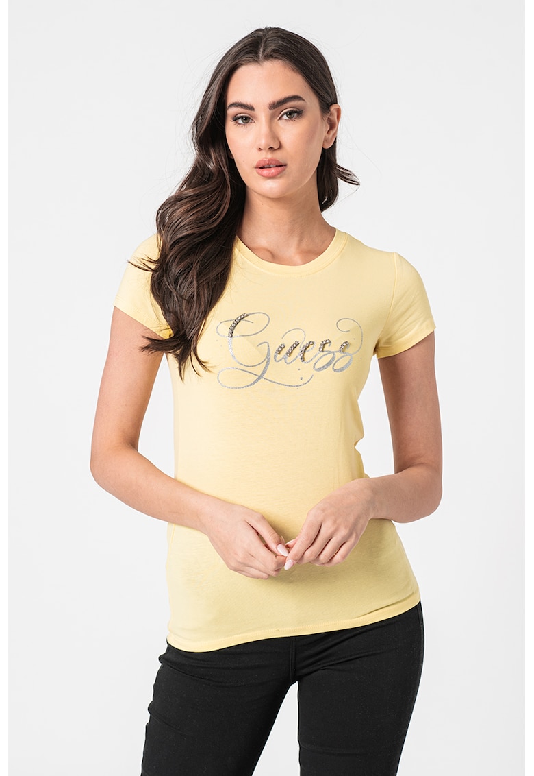Тениска с овално деколте и бляскаво лого GUESS JEANS