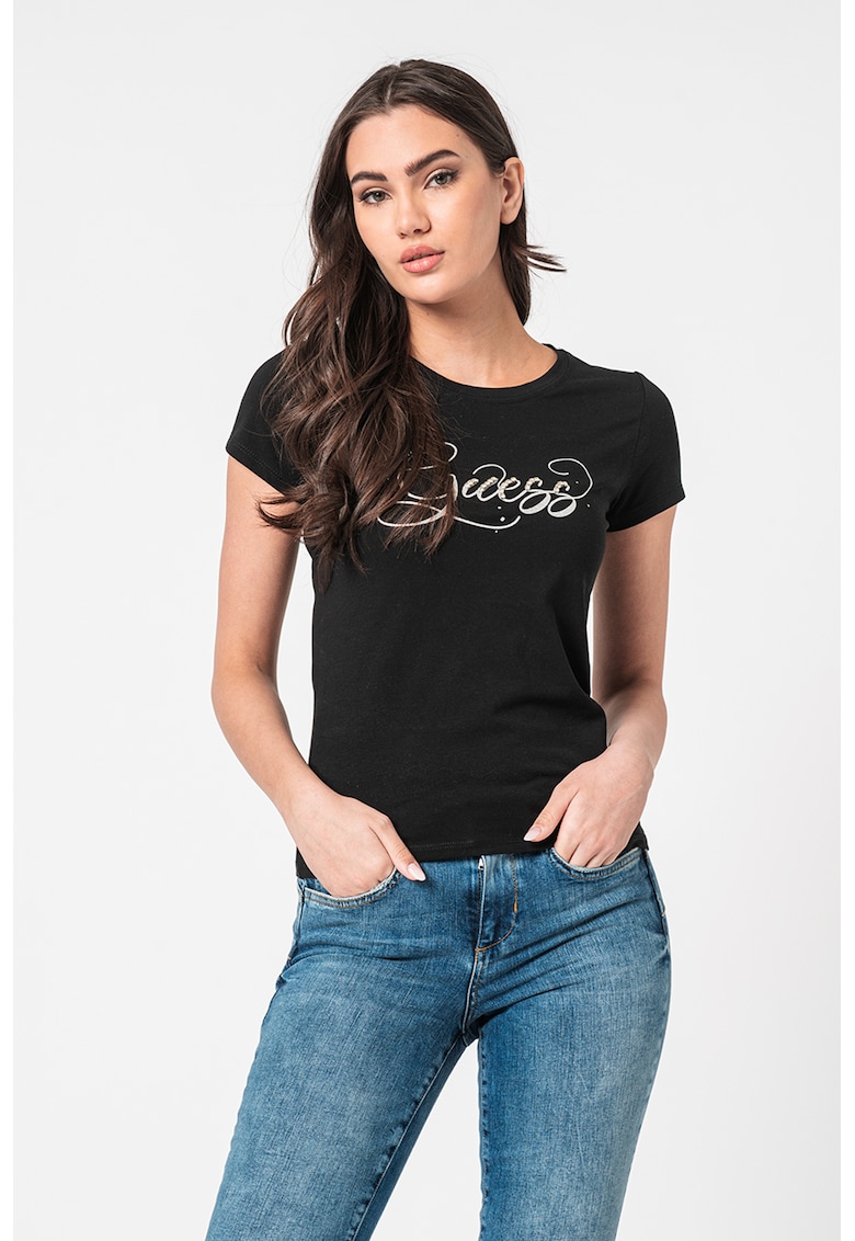 Тениска с овално деколте и бляскаво лого GUESS JEANS