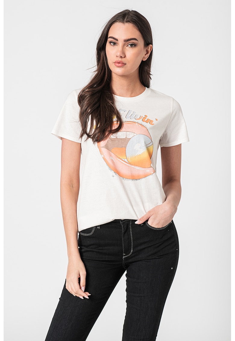 Tricou de bumbac cu imprimeu grafic Just Livin’ fashiondays.ro