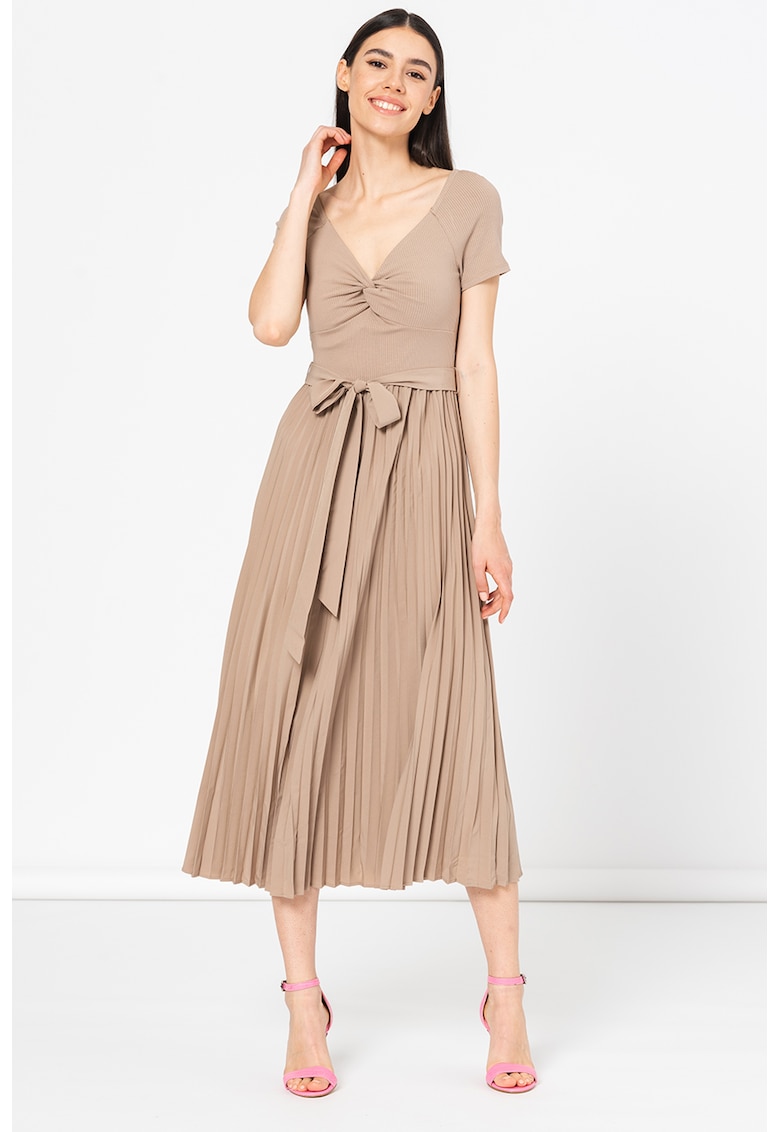 Rochie midi cu pliuri - Maro deschis