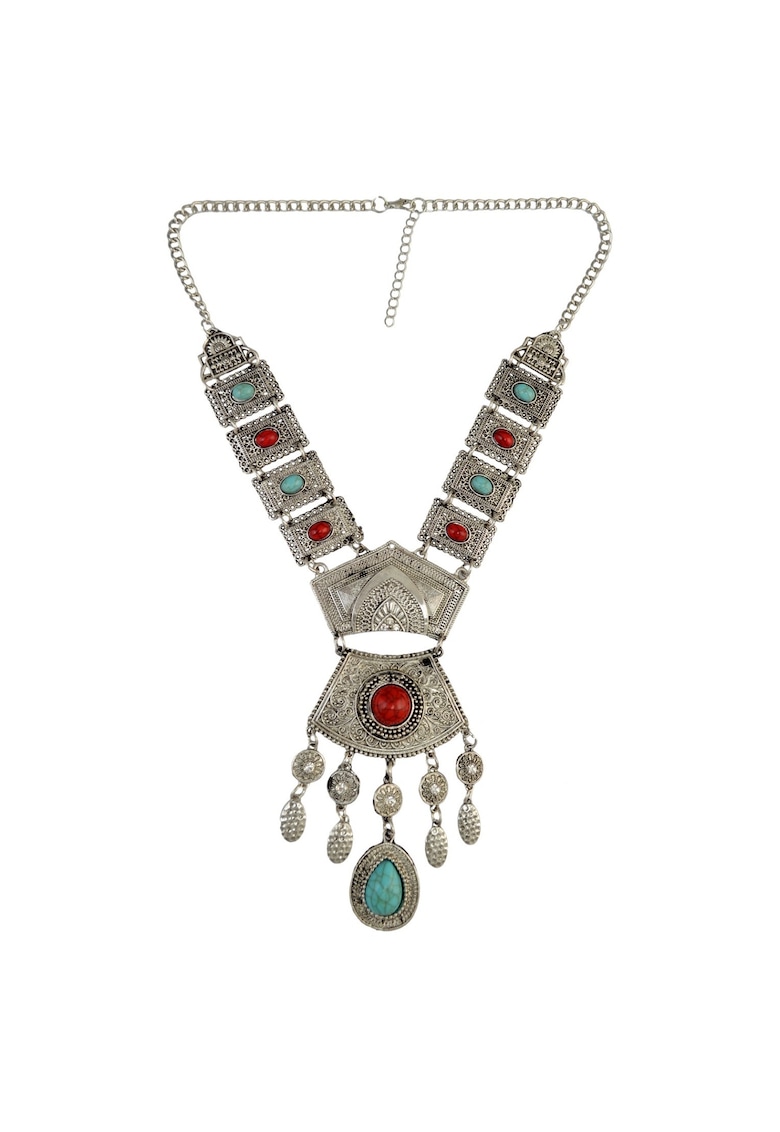 Colier argintiu - cu pietre rosii si turquoise - Saron C12 - Colier argintiu - cu pietre rosii si turquoise - Saron C12 -