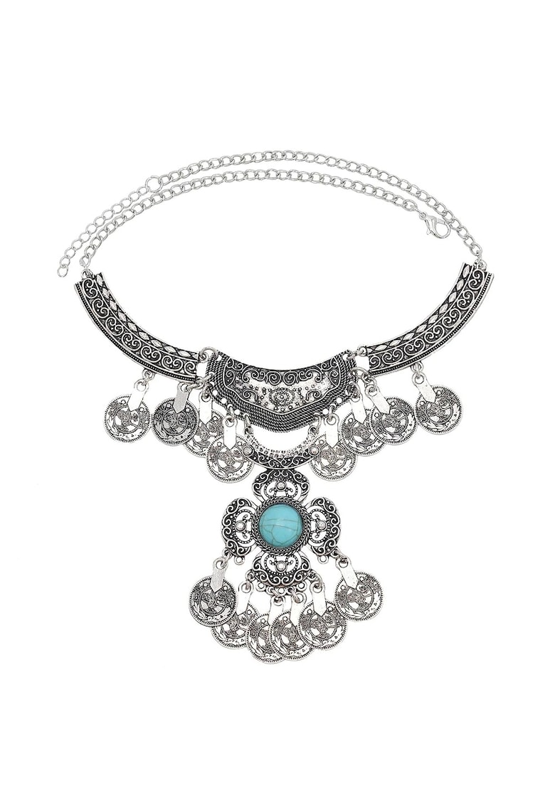 Colier argintiu - stil boho - cu banuti si piatra turquoise - Sarai C12 -