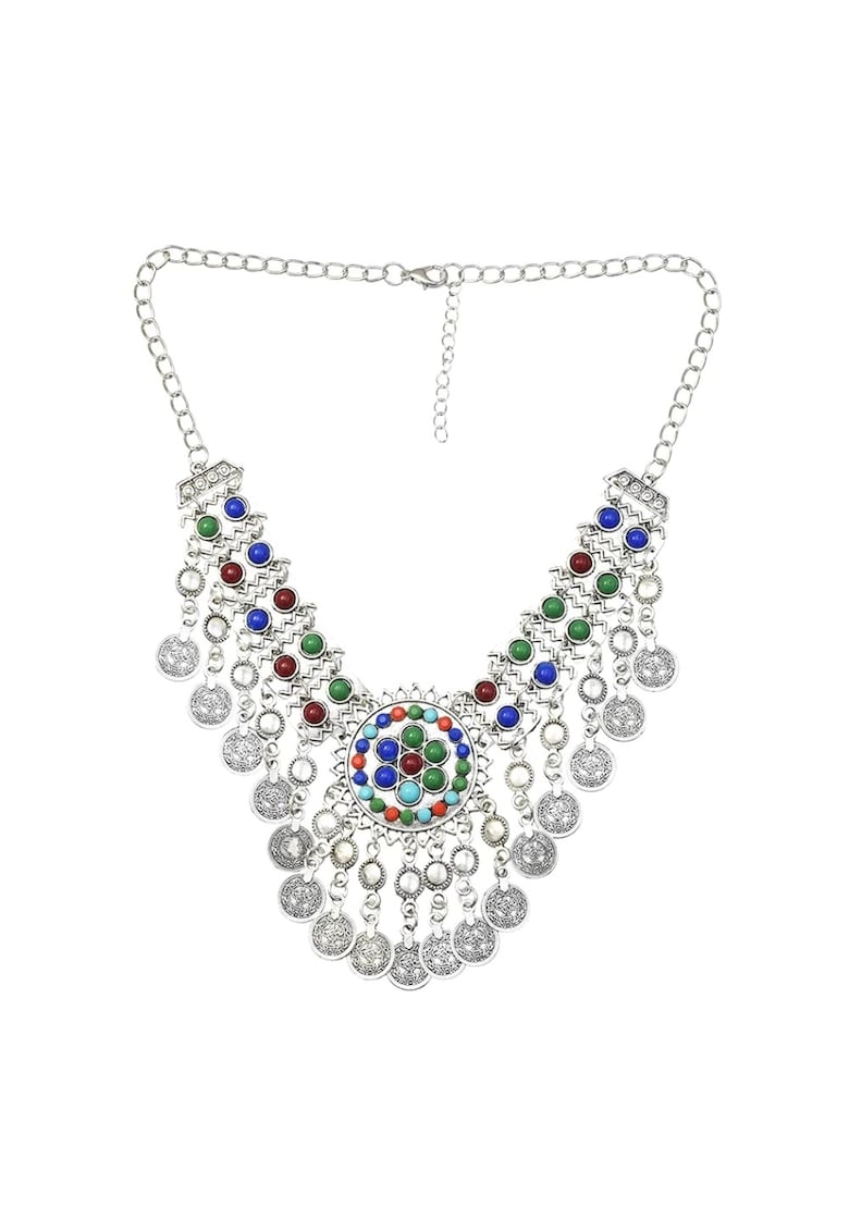 Colier argintiu - cu banuti si margelute colorate - Sara C8 -