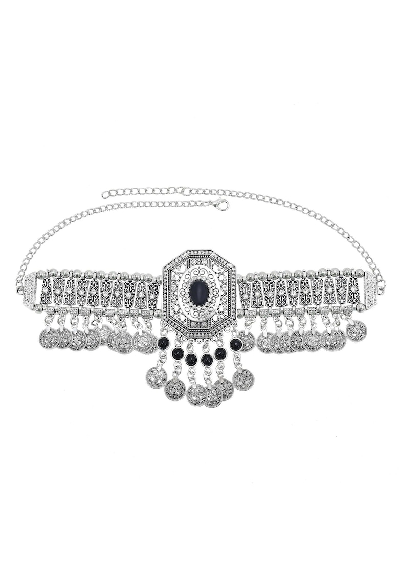 Colier argintiu - cu banuti si pietre negre - Santo C8 -