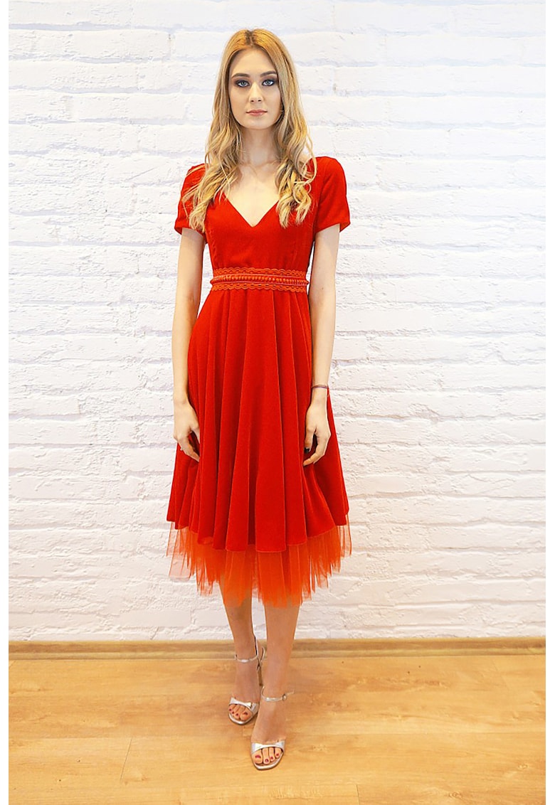 Rochie midi evazata cu insertii de tul - Rosu