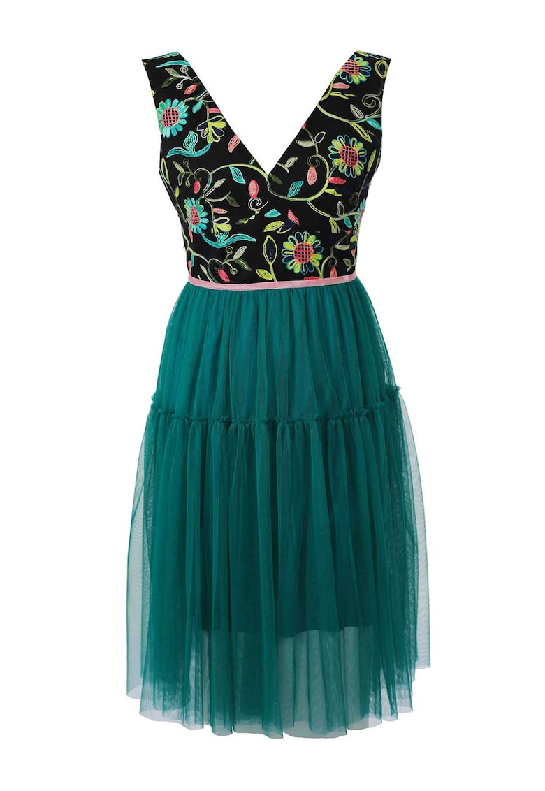 Rochie evazata cu decolteu in V fara maneci - Negru/Verde persan