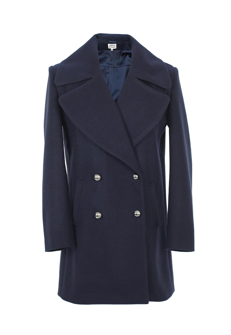 Palton din amestec de lana cu doua randuri de nasturi - Bleumarin