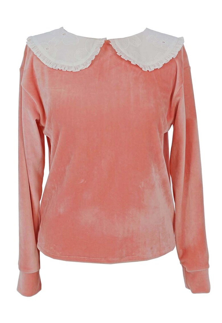 Bluza din catifea cu guler Peter Pan - Alb/Roz somon