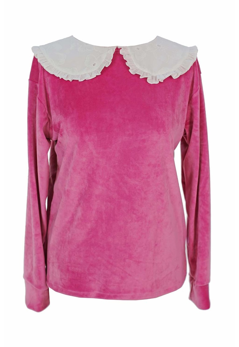 Bluza din catifea cu guler Peter Pan - Alb/Fucsia