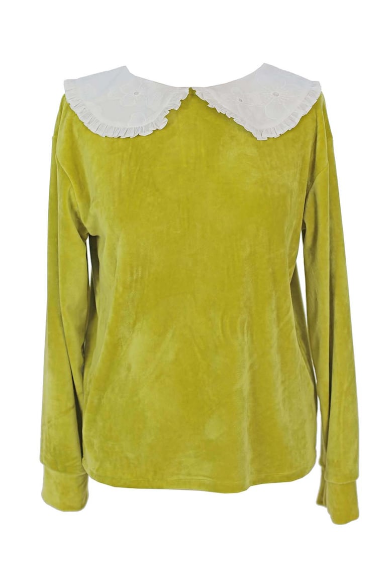 Bluza din catifea cu guler Peter Pan - Alb/Galben mustar