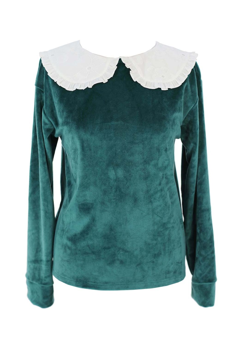 Bluza din catifea cu guler Peter Pan - Alb/Verde persan