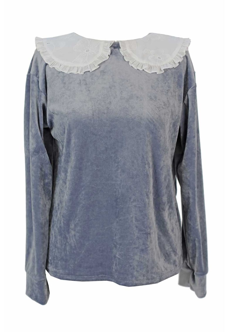 Bluza din catifea cu guler Peter Pan - Alb/Albastru prafuit