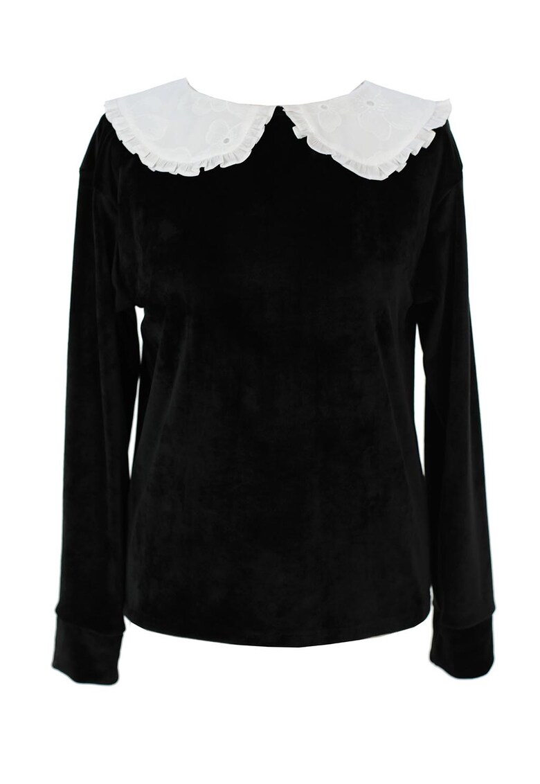 Bluza din catifea cu guler Peter Pan - Alb/Negru