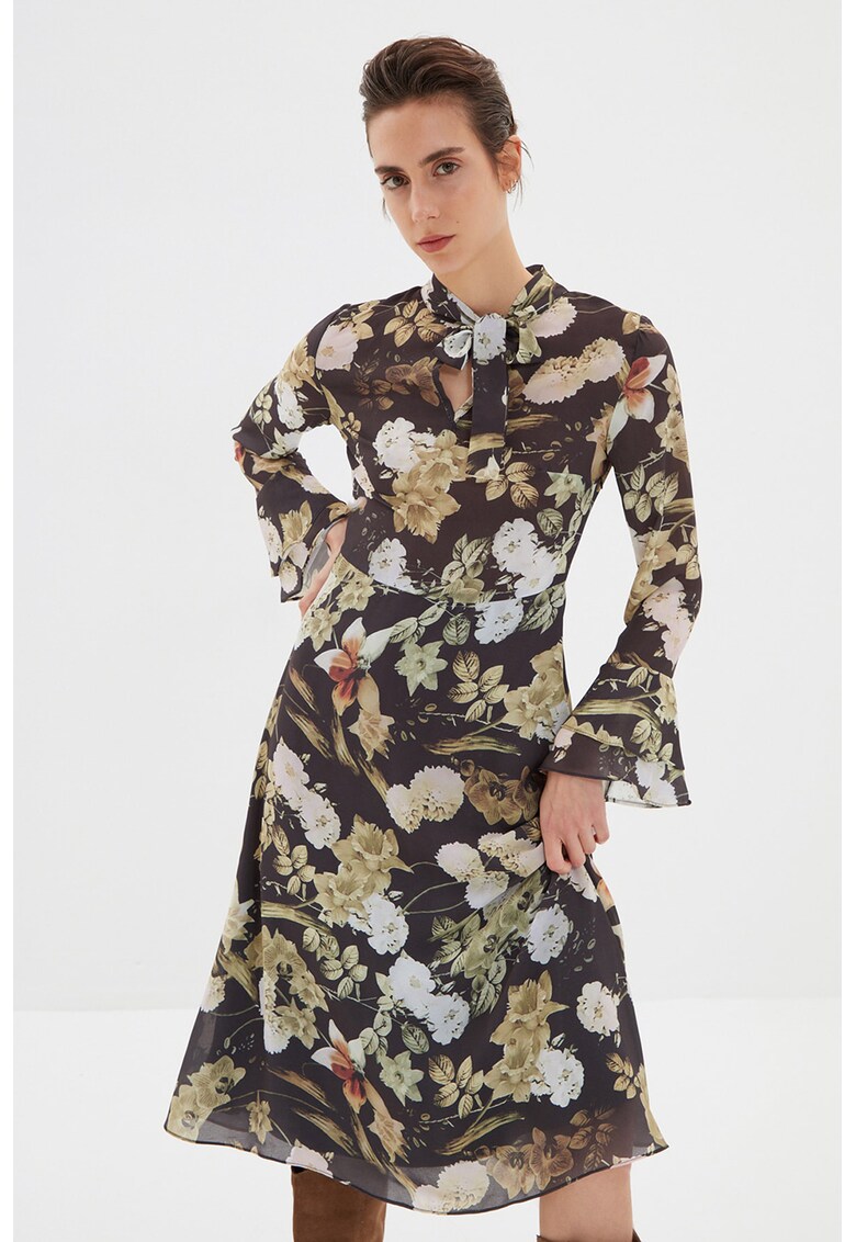 Rochie midi cu funda din panglici si imprimeu floral fashiondays imagine noua