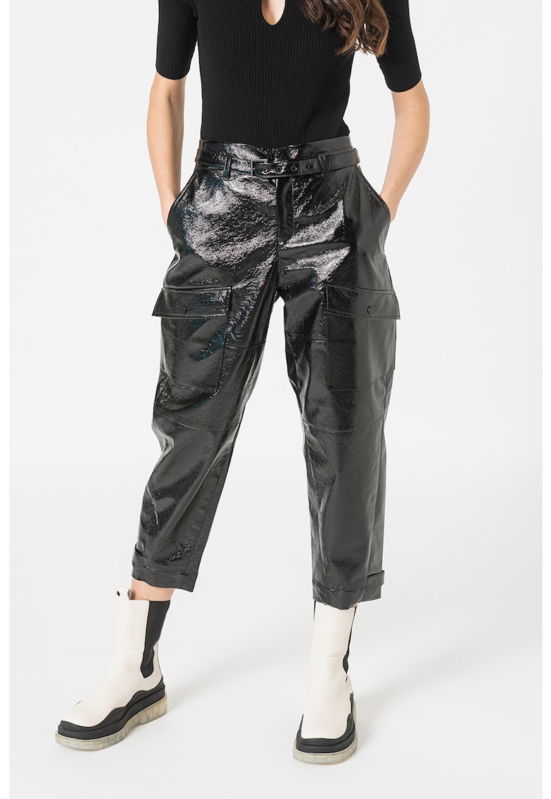 Pantaloni cu talie inalta si aspect metalizat aspect