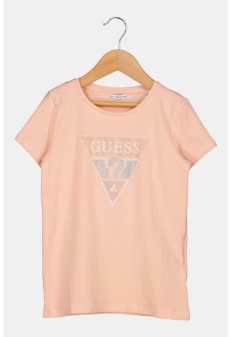 Tricou cu decolteu la baza gatului si aplicatie logo din strasuri