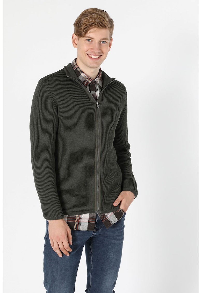 Cardigan slim fit cu fermoar si aspect striat