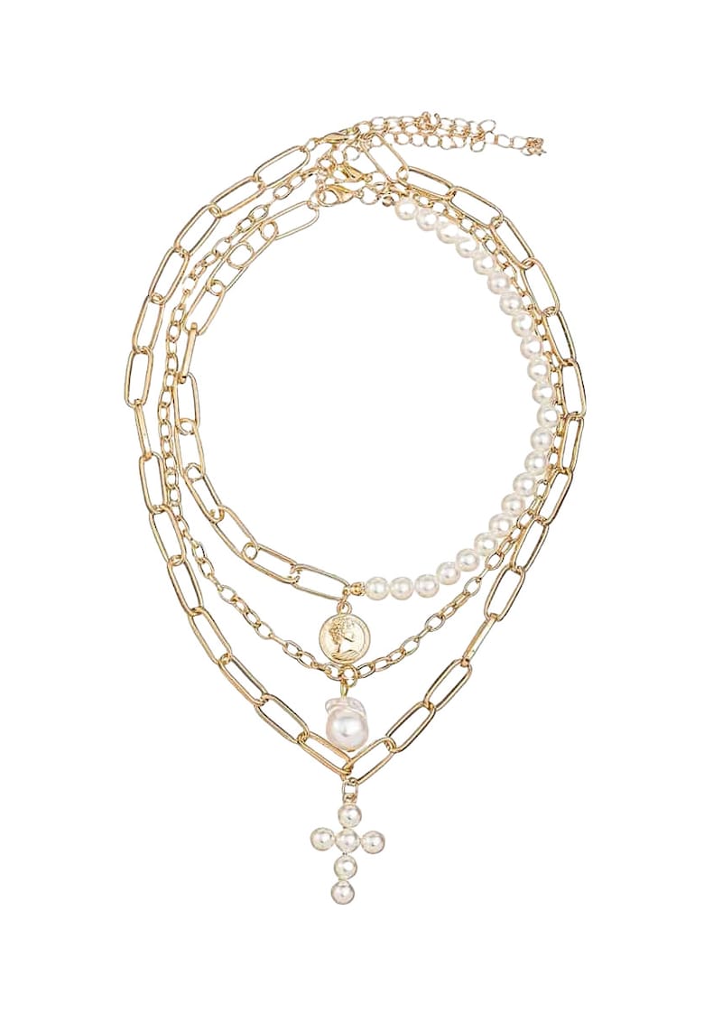 Colier in 3 straturi - auriu - cu perle si cruciulita - auriu - Linetth C3 -