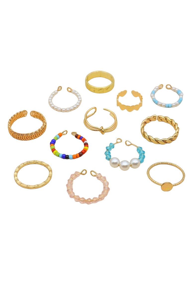Set 12 inele - aurii - cu margelute colorate si perle - Alena C5 -