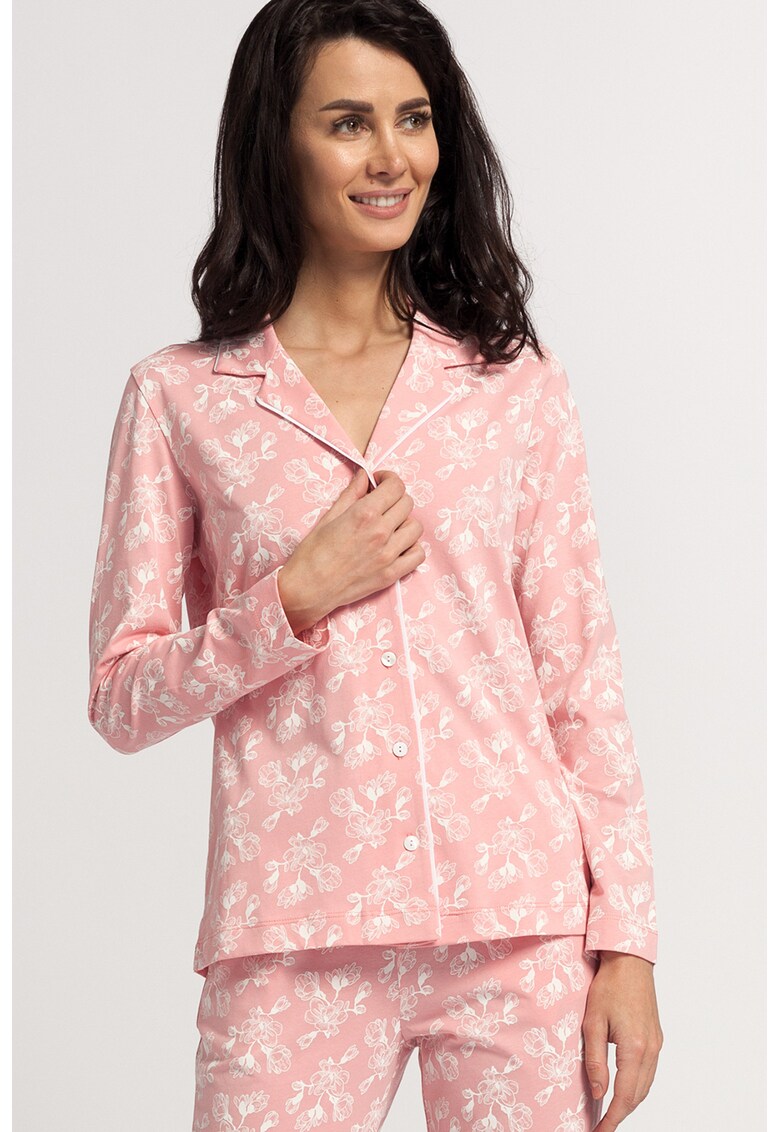 Pijama din bumbac organic cu decolteu in V si imprimeu floral fashiondays.ro