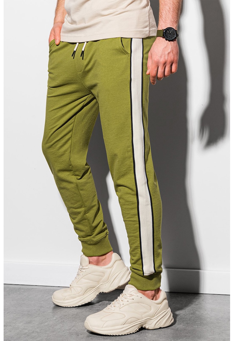 Pantaloni sport crop cu segmente laterale contrastante - Alb/Verde masliniu