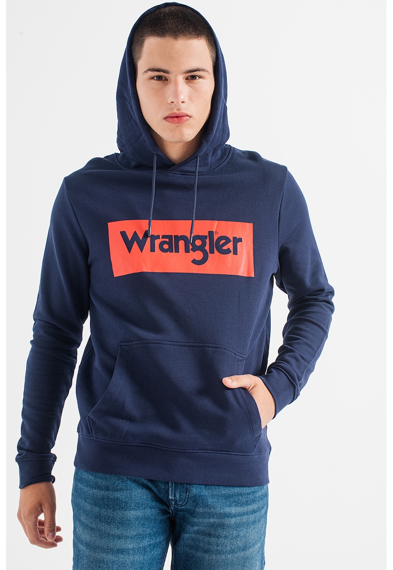 Hanorac cu imprimeu logo si buzunar kangaroo - Bleumarin