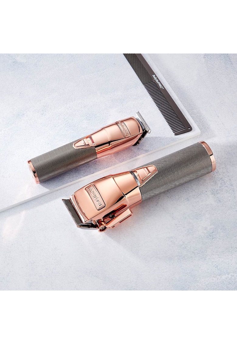 Trimmer profesional cu acumulator Metal Rose Gold - 2 tipuri de lame interschimbabile - Autonomie 120 min - Motor foarte puternic controlat digital - 2 piepteni de tuns