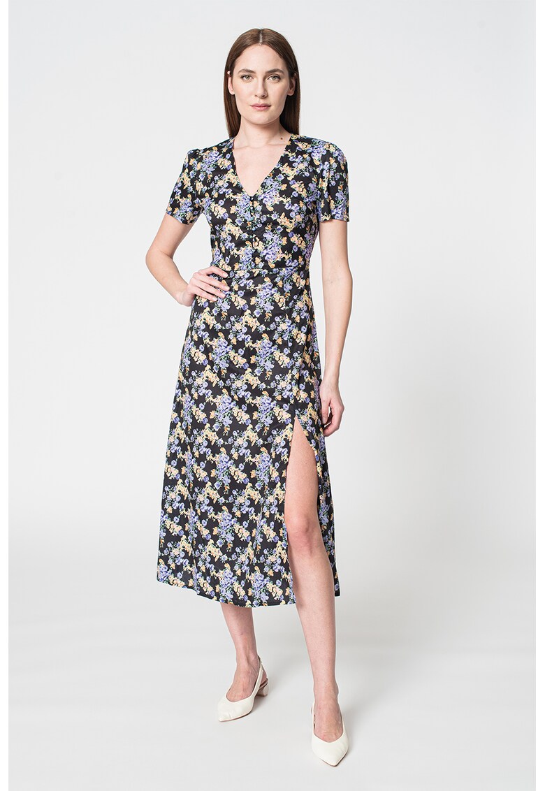 Rochie midi evazata cu decolteu in V si imprimeu floral